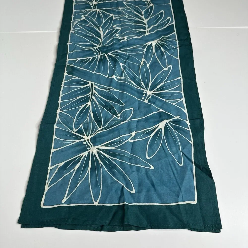 Feedora Hawaii Rectangle Scarf Teal Batik Bamboo Tropical Leaf Print 14